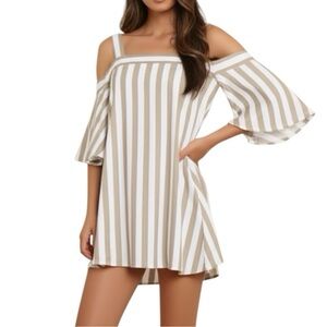 Anthropologie Taylor Cold Shoulder Flare Sleeve Striped Mini Dress 8 Tan White